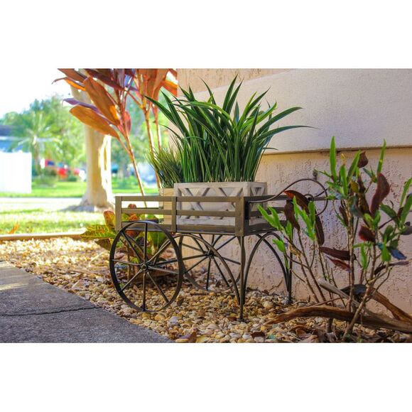 26 Inch Rustic Metal Wagon Cart Plant Stand Flower Holder Patio Art Garden Decor - Picture 4 of 11